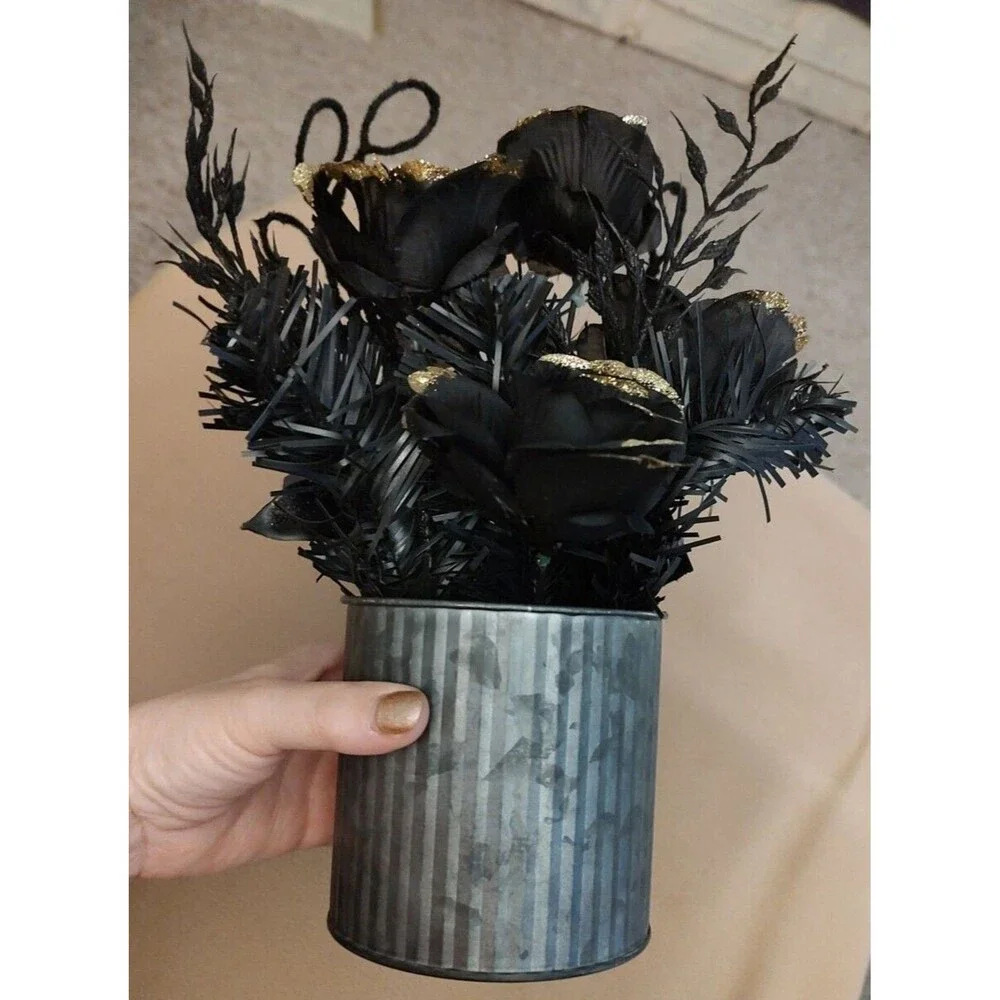 Artificial Flower Bouquet Arrangement Corrugated Tin Vase Black Gold Gray Rose